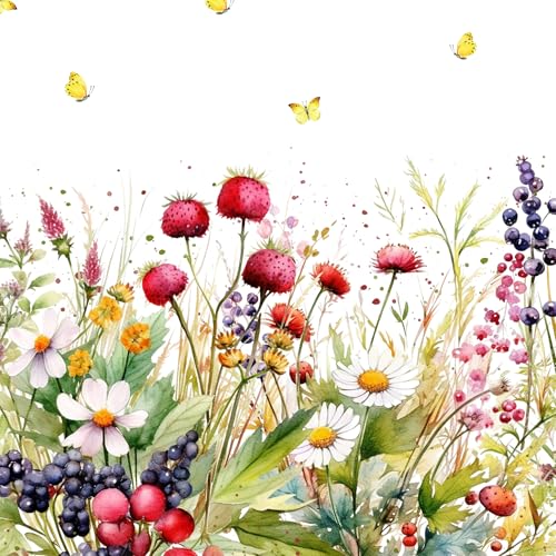 20 Servietten Blumen, Garten & Natur Wiese mit süßen Beeren als Tischdeko. Papierservietten mit Motiv. Auch für Decoupage und Serviettentechnik 33x33cm