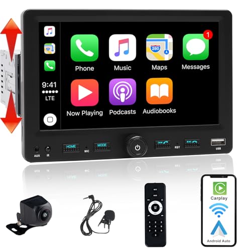 Alondy Autoradio 1Din mit 7 Zoll einstellbar Bildschirm, Kompatibel mit [Wireless] Apple CarPlay/Android Auto Bluetooth Typ-C USB(3A Schnellladung) AM/FM/RDS Radio Rückfahrkamera AUX SD