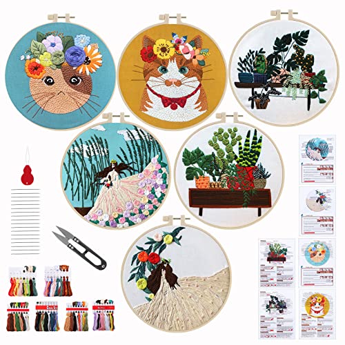 6 Sets Stickerei Starter Kit für Anfänger Erwachsene?DIY Embroidery Kit, Stickerei Set Enthält Sticken Stoff, Stickrahmen, Sticknadeln, Embroidery Thread und Anweisung