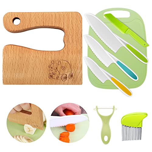 Goodchef Kindermesser 8-teiliges Kinder-Küchenmesser-Set zum Schneiden und Kochen von Obst oder Gemüse für Kleinkinder, inklusive Holzmesser Schneidebrett Schäler(Ochsenkarren)
