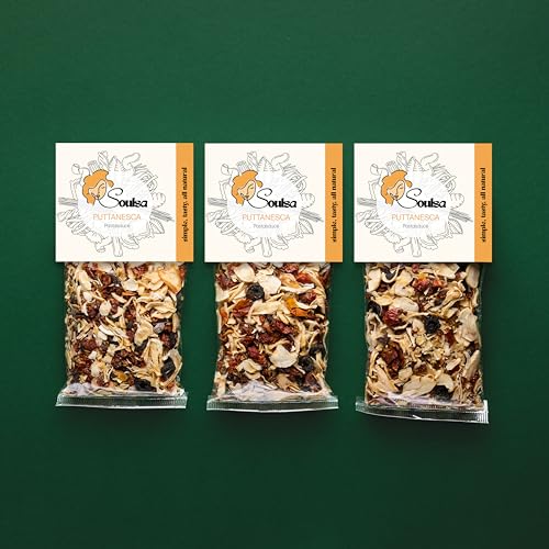 SOULSA - 3er Set italienische Pastasauce PUTTANESCA | Aromatische Sauce mit schwarzen Oliven, Kapern, Knoblauch, Tomaten, Zwiebeln, Paprika | Vegan | 3 x 70gr