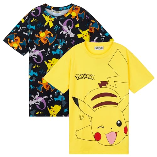 Pokemon Kinder T Shirt Jungen mit Rundhalsausschnitt 2er-Pack, Pikachu Geschenke (Schwarz/Gelb, 9-10 Jahre)