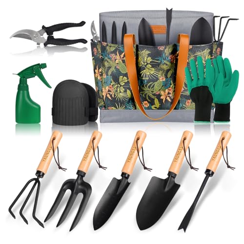 YAUNGEL Gartenwerkzeug Set, 10 Stück Schwerlast Edelstahl Gartenarbeit Kit mit Non-Slip Holzgriff- Garten Geschenke Verpackung für Frauen Männer, Schwarz