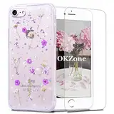 OKZone Kompatible mit iPhone 8 / iPhone 7 (4,7 Zoll) Hülle [mit HD-Schutzfolie], [Getrocknete Blumen] Blume Gepresst Handyhülle Kristall Gel Schale Schutz Echte Blume Bumper Case Cover Hülle (Lila)