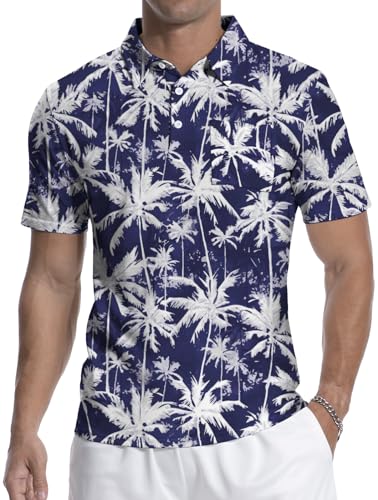 MLANM Herren Kurzarm-Polo-Shirts Golf gedruckt Polo-Shirt für Männer Sommer lässig elastische T-Shirt weiches Tee Polo Tops für Strand Urlaub Party,Navy Blue XL