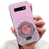 Tivenfezk Nadoli Sparkle Treibsand Ständer Hülle für Samsung Galaxy S10 Plus,Versteckt Ständer Ring Klar Glitzer Stern Handyhülle Durchsichtig Bling Schutzhülle Case Cover,Rosa