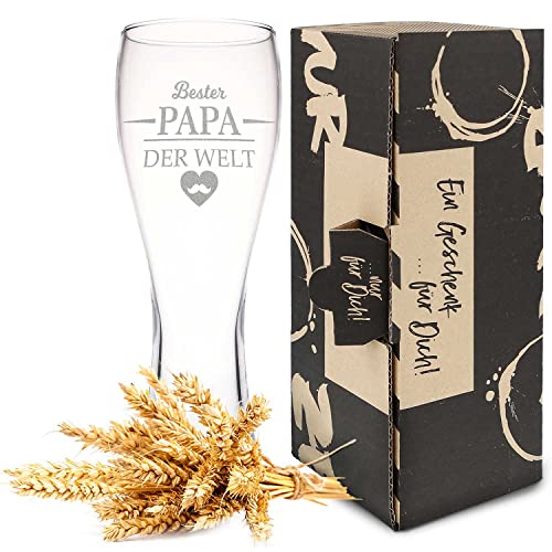 GRAVURZEILE Leonardo Weizenglas mit Gravur - Bester Papa der Welt - Geschenke für Papa zum Vatertag als Vatertagsgeschenk in Geschenkkarton - Geschenk für Männer zum Geburtstag & Weihnachten - 500 ml