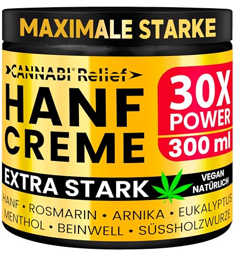 HANF CREME EXTRA STARK 300ml | Wirkt gegen Rückenbeschwerden & Muskelkater, beruhigt Füße, Knie, Nacken, Schultern | Hochdosiertes Hanf Gel und Arnikacreme | Hanföl Arnika Menthol Rosmarin