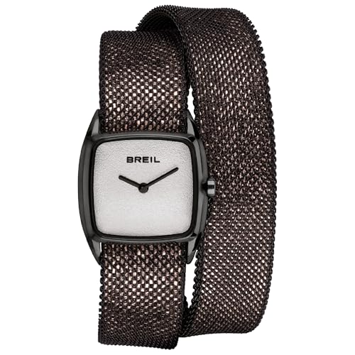 BREIL - Damenkollektion New Snake Armbanduhr TW1853 - Damenuhr aus poliertem Edelstahlnetz und Lederarmband - Schwarzer Edelstahl
