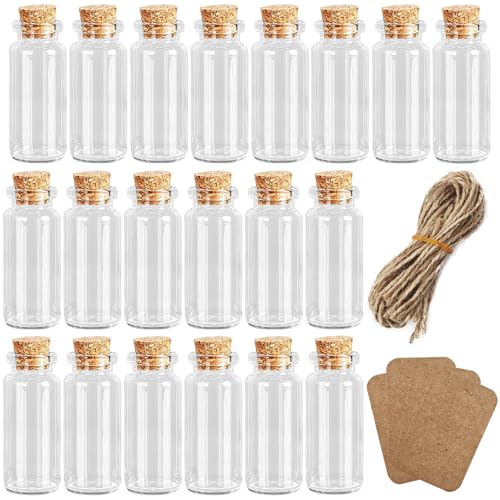 GESDYO 20 Stück 10 ml Mini Korkstopfen Glasflaschen Mit 20-Etiketten und 20-Hanfseilen Wunschflaschen, Reagenzglas Mit Korken Mini Glasflaschen für Hochzeitsfeier, Dekoration, Wunsch