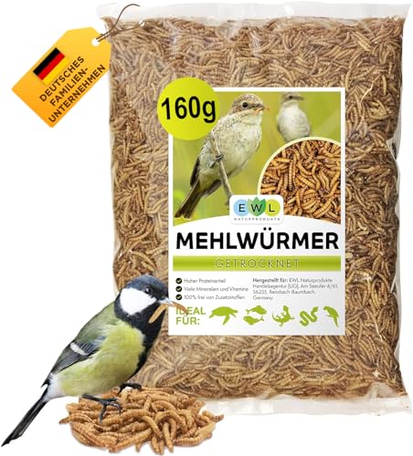 Mehlwürmer getrocknet 1 ltr. 160g Insektensnack für Vögel, Fische, Schildkröten, Igel, Nager und Reptilien, Vogelfutter Wildvögel Ganzjährig Eichhörnchen Futter, Igelfutter