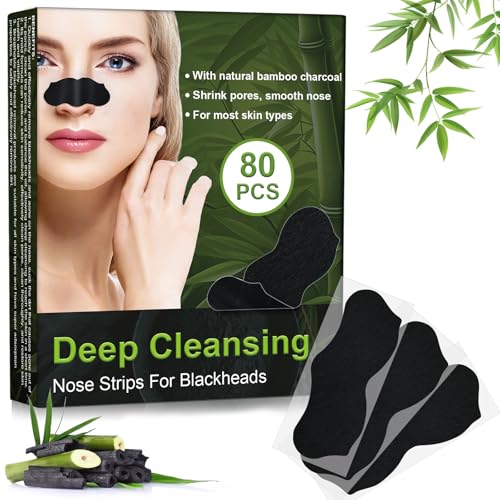 Holilo Mitesserentferner Stripes, 80 Stück Natürliche Bambuskohle Mitesser Strips, Nose Strips Blackhead, Zum Entfernen von Mitessern und Zum Freimachen verstopfter Poren für Männer und Frauen