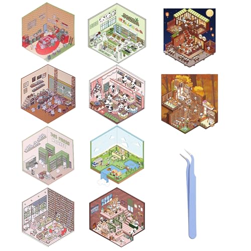 VARKAGE 10 Sets DIY 3D Sticker Scene, Cute Fun DIY 3D House Stickernest, Make Your Own Buchhandlung, Bäckerei, Supermarkt Miniatur Sticker Scene mit Tweezer für Adult Kids Relief Stress Pass The Time