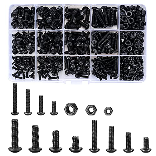 500 Stk. Schrauben und Muttern Sortiment Set, schwarze Innensechskant , PTFE (Polytetrafluorethylen), M3/M4/M5 Gewindemaschinen Sechskantschrauben Dübel