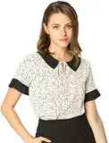 Allegra K Damen Bubikragen Bluse Shirt Kurzarm Polka Dots Punkte Top Oberteil Beige XS