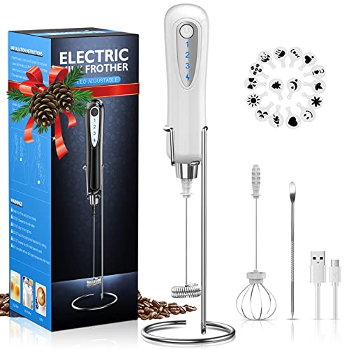 CAVN Elektrischer Milchaufschäumer mit Edelstahlständer, 2 in 1 Doppeltem Quirl 3-Gang USB Aufladbar Handheld Milchaufschäumer Mixer Milk Frother Milchschaum Eier Schlagen für Kaffee Latte Cappuccino