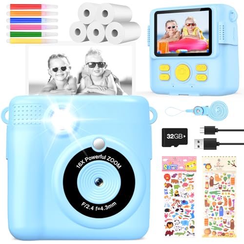 KinderKamera DigitalKamera Print Sofortbildkamera 1080P Videokamera Schwarzweiß Fotokamera (Blau)