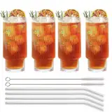 MUJUZE Geriffelte Gläser Set mit Strohhalm,4er Riffle Aesthetic Gläser Stapelbar Eiskaffee Gläser, 310ML Longdrinkgläser Set,Origami-Stil Glasbecher,Glasses Set ideal für Cocktails,Party,Kaffee Bar