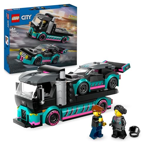 Lego City Autotransporter mit Rennwagen, LKW-Spielzeug mit Verstellbarer Laderampe und Renn-Auto, Bauset mit 2 Minifiguren, Rennfahrer und LKW-Fahrer, Kinder ab 6 Jahren 60410