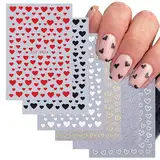 6 Blätter Herzförmig Nagelstickers, Valentinstag Herz Selbstklebend Nagelaufkleber, Rot Gold Silber Nail Art Sticker Nail Decals Dekoration für Frauen Mädchen DIY Nageldesign Zubehör