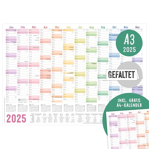 Häfft® Wandkalender 2025 A3 gefalzt (42 x 29,7 cm) "Rainbow" Wandplaner mit Ferien-Übersicht und Feiertagen + gratis A4-Kalender - nachhaltig & klimafreundlich