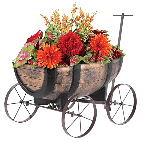 Blumenwagen Whiskyfass - Pflanzwagen auf rädern, Gartendeko Blumentopf Barel - realistischer Blumentopf Holzoptik - Blumentopf Planzschubkarre - Leiterwagen Holz, Bollerwagen Holz 41x29x19 cm