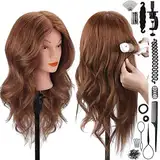 SZCY LLC Mannequinkopf mit 100 % Echthaar, 45,7 cm, Dunkelbraun, Kosmetik, Frisierkopf, Übungskopf, Puppenköpfe mit Klemmhalter und Werkzeugen