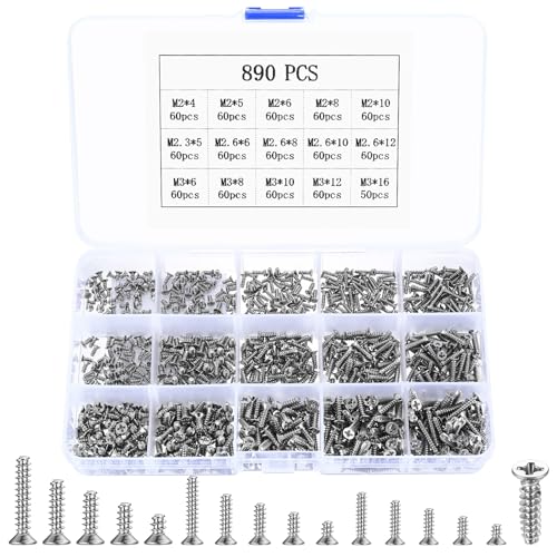 M2 M2,6 M3 Schrauben Set, 890 Stück selbstschneidende Schrauben, Flachkopf Holzschrauben Set, Blechschrauben Senkkopfschrauben Flachkopfschrauben, Kreuzschlitzschrauben für Kunststoff Holz Metal
