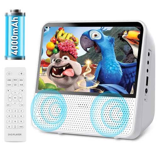 Tragbarer DVD-Player mit wiederaufladbarem 4000mAh-Akku, unterstützt CD/DVD/Bluetooth/USB/MP3/AV, integrierter CD/DVD-Player mit Zwei Lautsprechern, Speicherwiedergabe/Fernbedienung/Timer (Weiß)