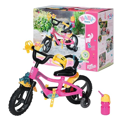 BABY born Fahrrad - Pinkes Puppenfahrrad für 43 cm Puppen mit gelben Schutzblechen, beweglichen Rädern mit Stollenprofil, Gurtsystem, Hupe, Blinklicht und Trinkflasche, 830024, Zapf Creation