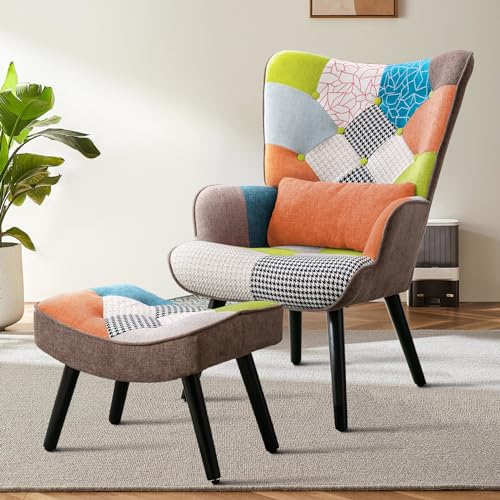 Matomn Relaxsessel mit Hocker Patchwork Sessel Holz Sessel Wohnzimmer moderner Ohrensessel mit Massivholzfüße Fernsehsessel Leinen Loungesessel Stuhl Orange