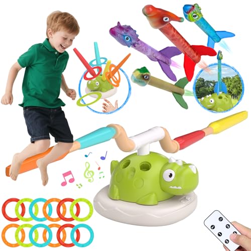 Fozcmisw 3 in 1 Outdoor Spiele für Kinder, Ringwurfspiel, Raketen Spielzeug, Springseil Spiele, Geschenke ab 4 5 6 7 8Jahre Garten Spielzeug mit Musik für Kinder Kinderspielzeug ab 3-12 Jahr
