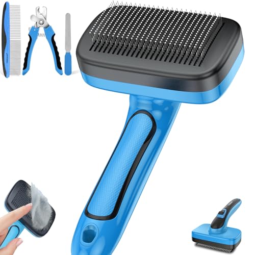 YOPETAYU Hundebürsten-Set selbstreinigende Zupfbürste für kleine, mittelgroße und große Tiere, Welpen. 4-in-1-Haustierpflegeset inklusive Haustierkamm und Nagelknipser