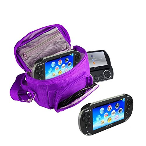 Orzly® - SPIELE & KONSOLEN (REISE-) TASCHE für die Sony PSP Konsolen (GO / VITA /1000/2000/3000) mit speziellen Fächern für die Aufbewahrung von Spielen und Zubehör. Tasche enthält Schultergurt, Tragegriff und eine Gürtelschlaufe – LILA