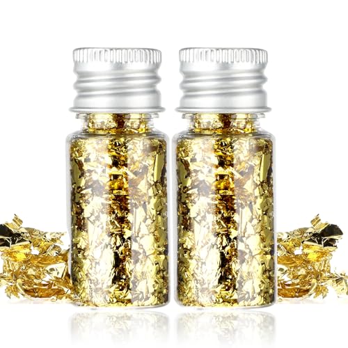 2 Flaschen Gebäck Blattgold Flocken, Dessert Goldfolie Flocken Multifunktion Blattgold Blätter Lebensmittel-Goldfolie Dekoration für Mousse-Kuchen Backen Schokolade Kunsthandwerk Dekoration