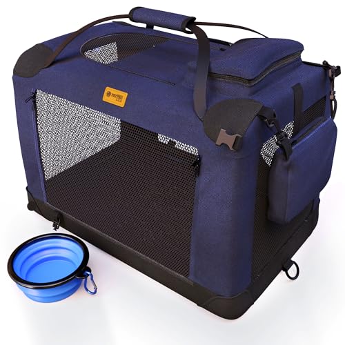 PETPROVED Hundebox Transportbox Hund Katze Hundetransportbox Hundebox Faltbar für Zuhause Auto Rückbank Transportbox Hund Katze Hundetransportbox Auto Kofferraum Katzentransportbox Groß (L Blau)