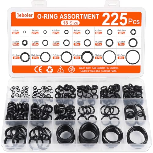 225 Stücke O Ring Sortiment, Ø 3-22 mm Dichtungsringe Set NBR Gummidichtung Gummi Dichtringe Dichtungen Oringe Unterlegscheiben Dichtungssatz für Sanitär Wasserhahn Druckleitungen - 18 Größen Schwarz