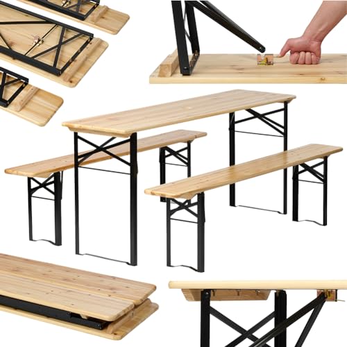 BIXENTE Bierzeltgarnitur 170 cm klappbar inkl. Schirmhalterung | Robustes 3-TLG. Set aus Holz und Metall | Perfekt für Indoor & Outdoor | Platz für 8 Personen (Braun)