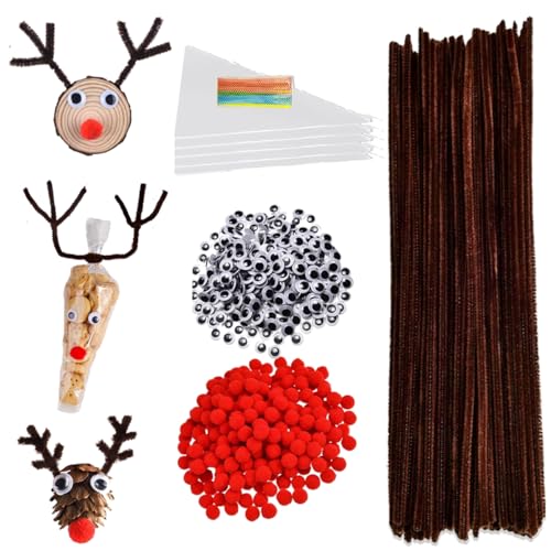 Pfeifenputzer Bastel set ， Pfeifenputzer Braun Spitztüten mit Bindebänder Rote Pompons Wackelaugen für Bonbons Kekse Weihnachtsgeschenke.（600PCS)