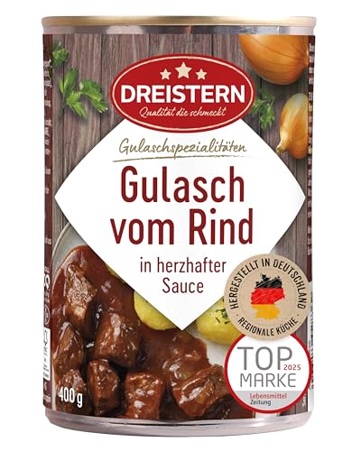 DREISTERN Rindergulasch 400g I Mit pikanter Sauce I Herzhaftes Fertiggericht in recyclebarer Konservendose I Lange Haltbarkeit dank natürlicher Konservierung I Hausmacher Qualität