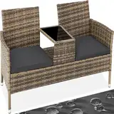 tectake® Outdoor Sitzbank mit integriertem Tisch, Gartenbank Lounge Sitzgruppe für 2, für Wintergarten, Balkon, Rattan Gartenmöbel - Natur/dunkelgrau