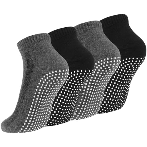 Newofview 4 Paar Stoppersocken für Damen Herren, Yoga Socken Antirutschsocken Rutschfeste Socken Grip Socken für Ballett, Pilates, Krankenhaus, Fitness(Schwarz,Dunkelgrau)