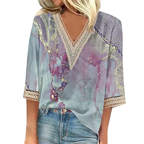 SCBFDI Damen Shirt Umstandsshirt 3/4 Arm Blusentops Damen Bluse Damen Baumwolle Lange Blusen Damen Damen Sommer Blusen XXL Mode Damen Tshirt Damen 3/4 Arm Tshirt 3/4 Arm Damen Ringelshirt Blau M