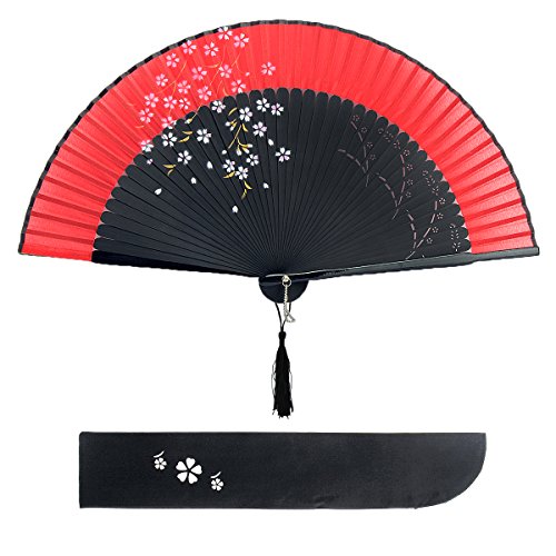 Dazone asiatischer fächer Handfächer Faltbar aus Bambus Japanisch Kirschblüten fächer Faltfächer Hochzeit Party Deko Weihnachten Geschenk Damen - Rot