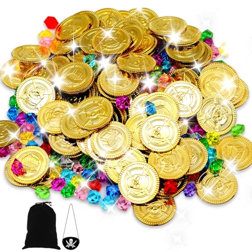 Soleeya 300 Stück Goldmünzen Piratenschatz Set, 100 Stück Piraten Goldmünzen + 200 Stück Edelsteine für Kinder + Piratenaugenklappe + Kordelzugbeutel, Diamanten Piraten Gold für Kindergeburtstag