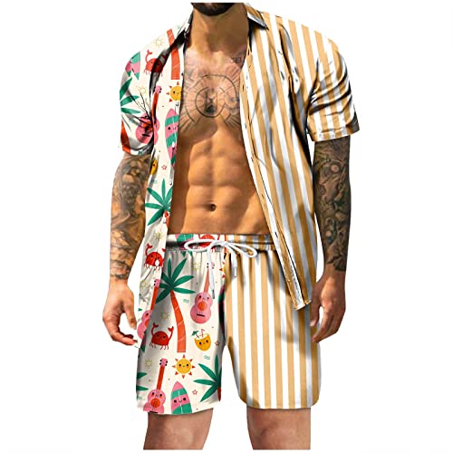 Herren Sommer Mode Freizeit Hawaii Küste Urlaub Strand Digitaler 3D-Druck Kurzarm Hemd Shorts Strand Hosenanzug Socken Jungen Freizeitanzug Herren 2 Stück Casual Leinen Outfits Sommer (Orange, L)