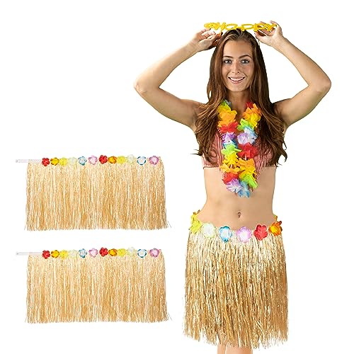 Relaxdays Hula Rock, 3er Set, 50 cm lang, Klettverschluss, Hawaiirock mit Blumen, Kostümrock für Damen & Herren, bunt