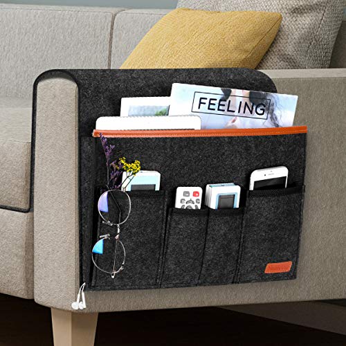 SIMBOOM Sofa Armlehne Organizer mit 6 Taschen, Bett Tasche Anti-Rutsch Aufbewahrungstasche für Buch, Zeitschriften, Handy, Fernbedienung - Dunkelgrau