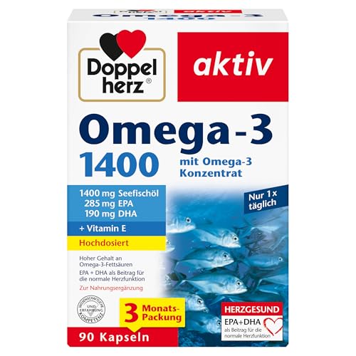 Doppelherz Omega-3 1400 mg - Hochdosiertes Omega-3-Konzentrat plus Vitamin E - Hoher Gehalt an Omega-3-Fettsäuren EPA & DHA - 90 Kapseln