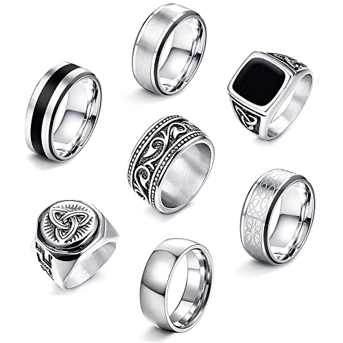 JeweBella 7 Stück Edelstahl Ringe für Herren - Silber Matt Poliert, Keltischer Knoten, Vintage Schwarz Siegelring, Gravur Gothic Biker Set für Männer